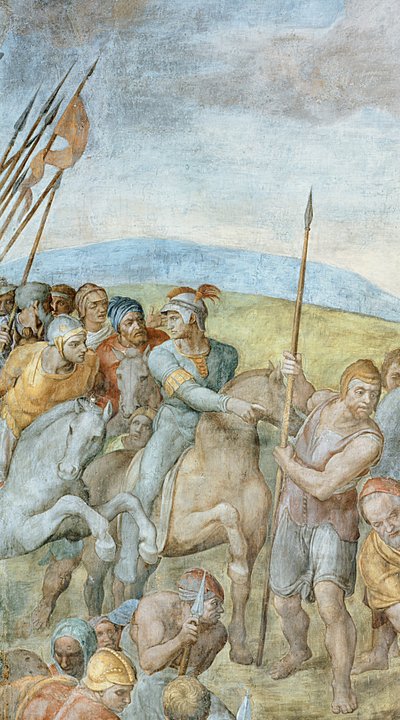 Gruppe römischer Soldaten mit ihrem Anführer, der auf den gekreuzigten Heiligen Petrus zeigt, Detail der Kreuzigung des Heiligen Petrus, 1546-50 (Detail) von Michelangelo Buonarroti